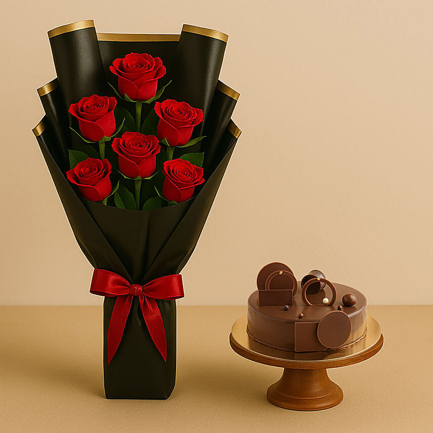 Chocolate Cake with Fresh Red Roses: Anniversary Flowers and Cakes