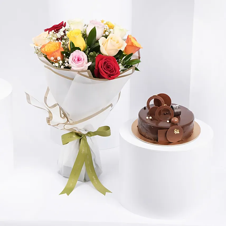 Dozen Multi Roses with Fudge Cake: Congratulations Flowers 