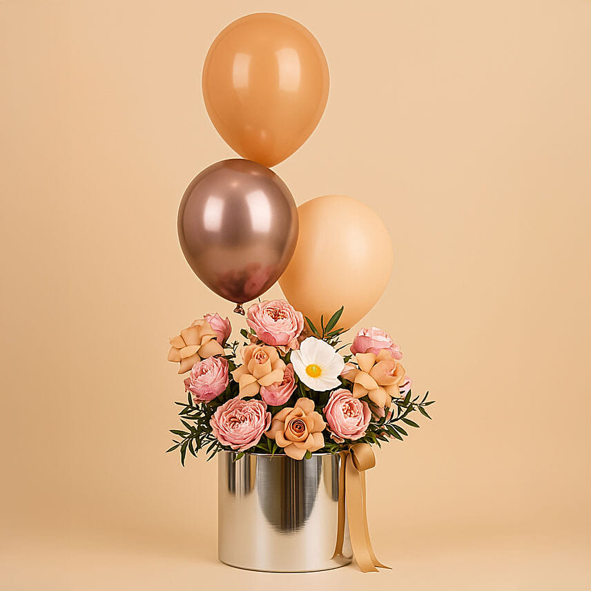 Flowers And Balloons in Silver Box: 