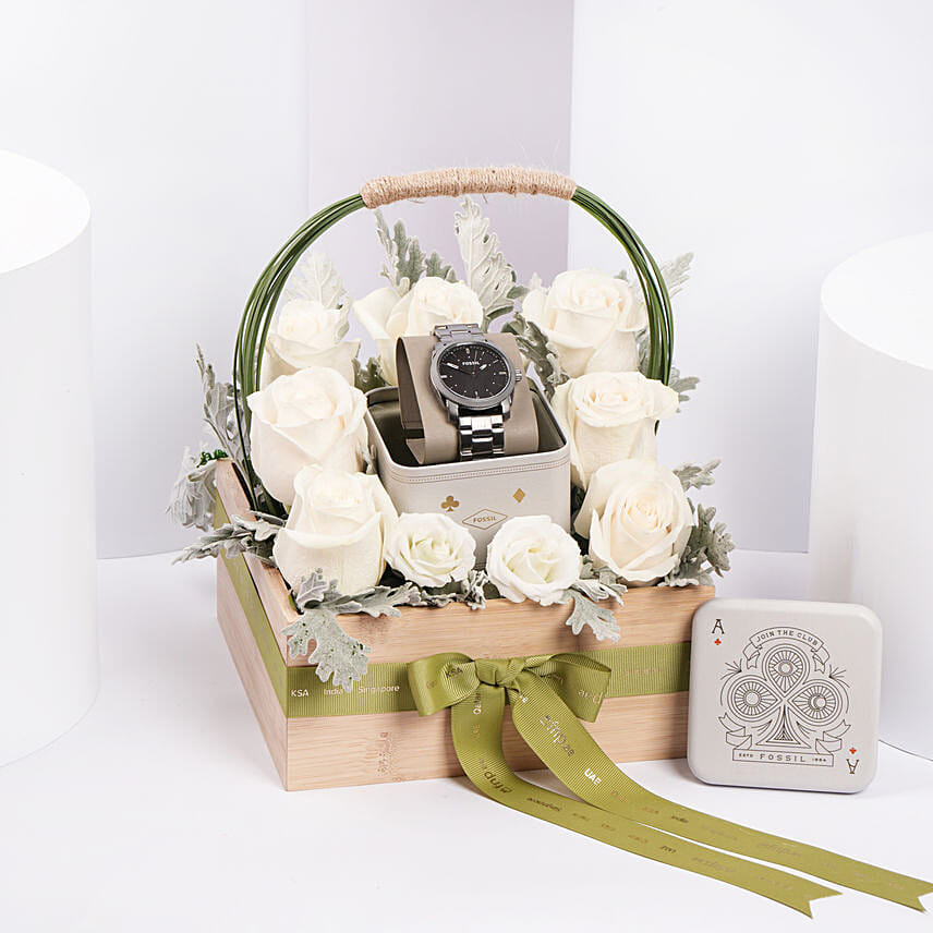 ساعة يد رجالية فوسيل ماشين مع سلة ورد: ساعات