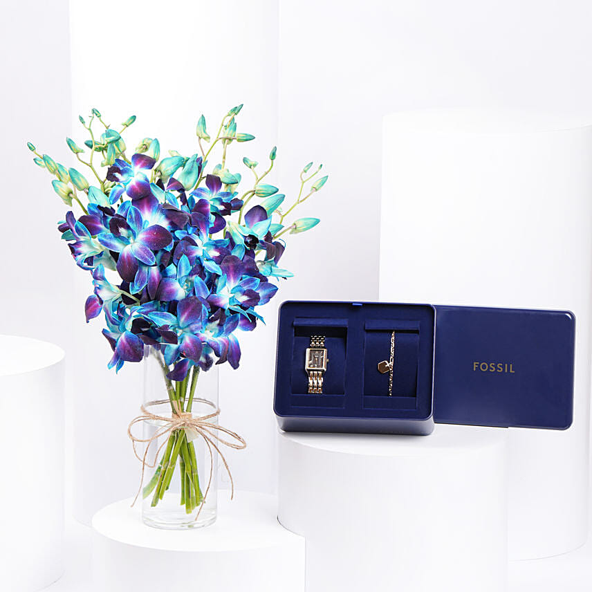 مزهرية أوركيد مع طقم مجوهرات نسائي من فوسيل: ساعات