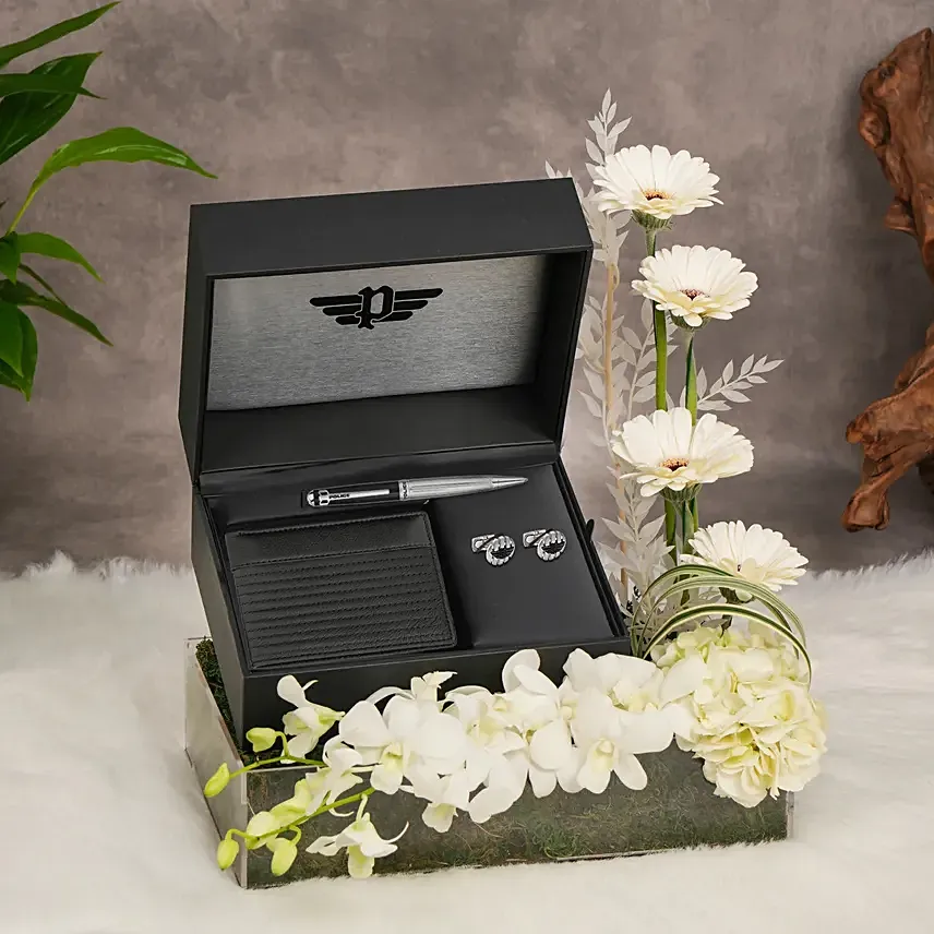 إكسسوارات بوليس مجموعة جنتلمان مع ورد أبيض: هدايا عيد الأب