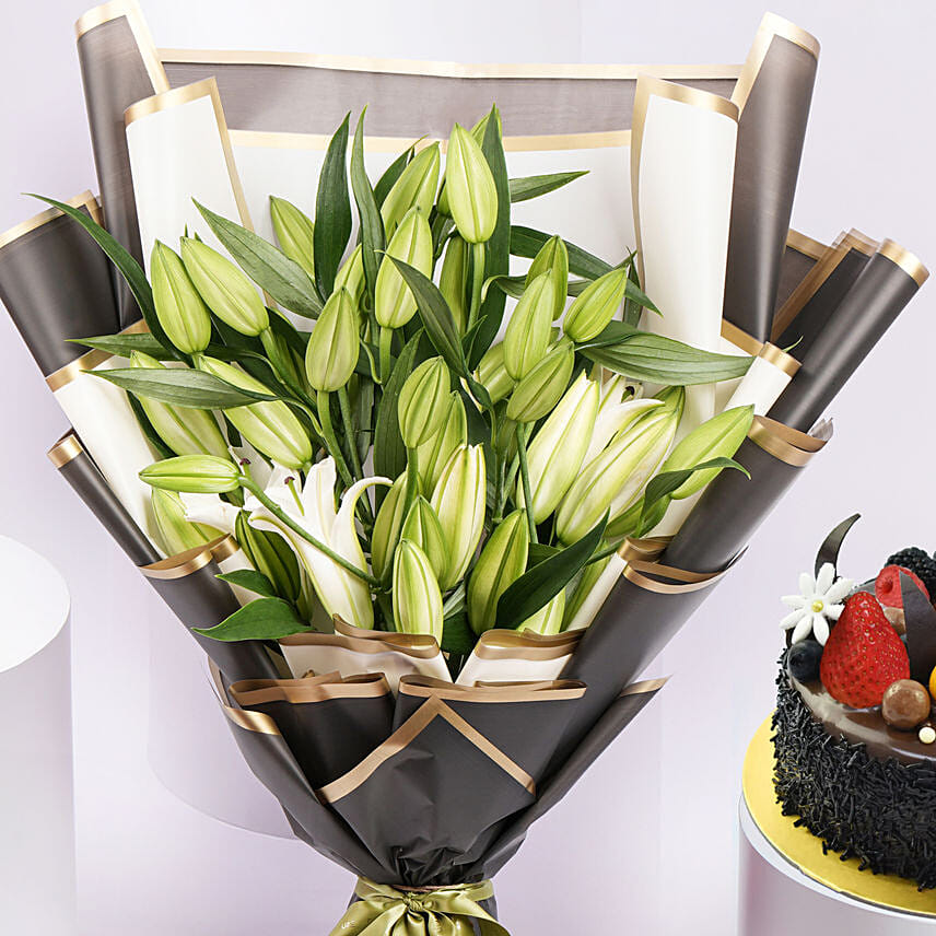 Order Luxury Lilies With Chocolate Fudge Fantasy Cake Online | Same-Day ...