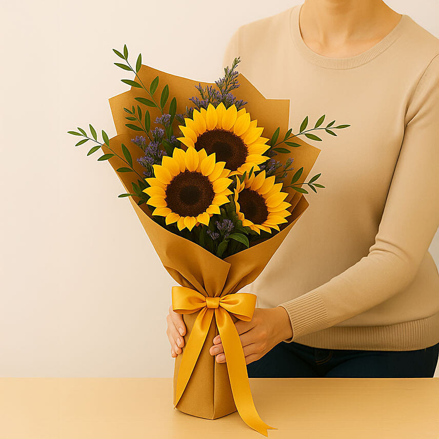 Mesmerising Sunflowers Beautifully Tied Bouquet: Flowers