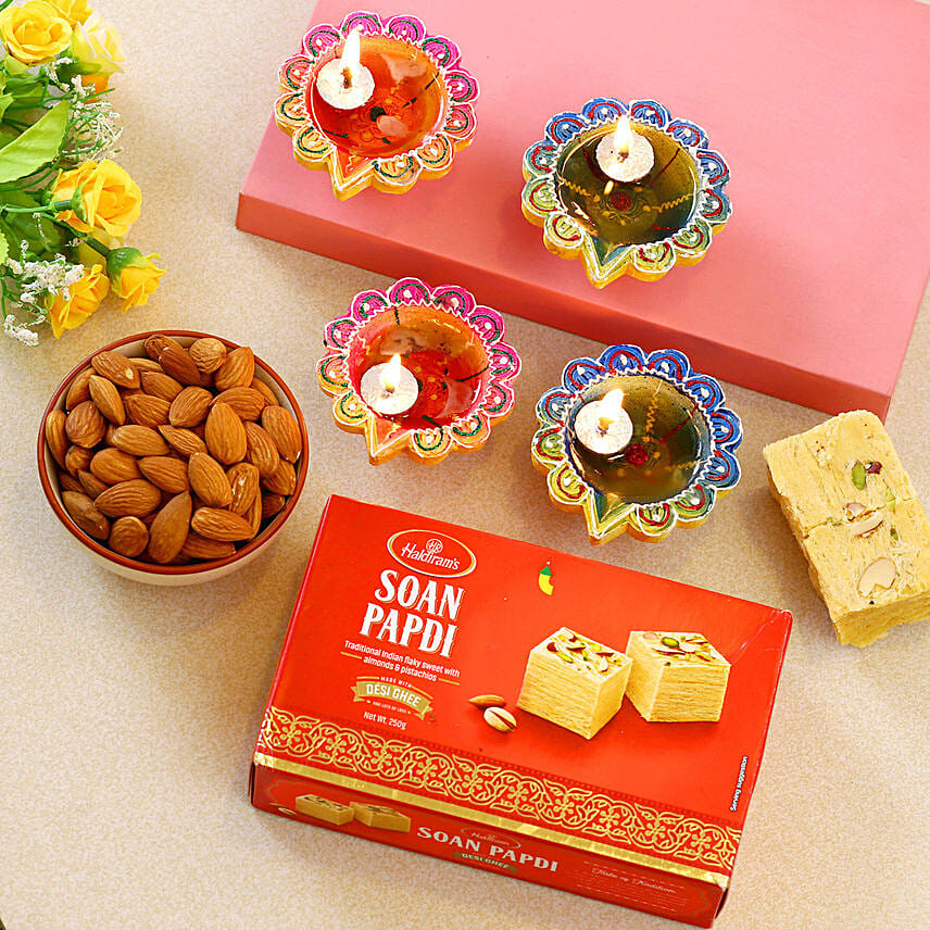 Multi Color Diyas With Soan Papdi and Almond: Diwali Diya
