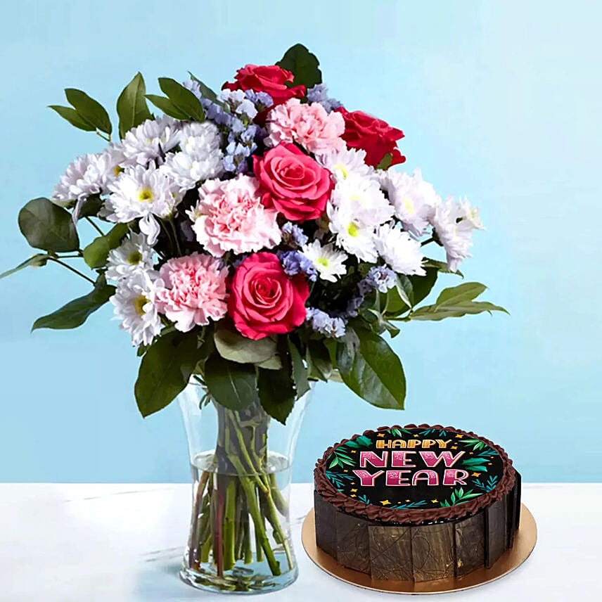 New Year Cake and Colorful Flowers: New Year Flowers with Cakes