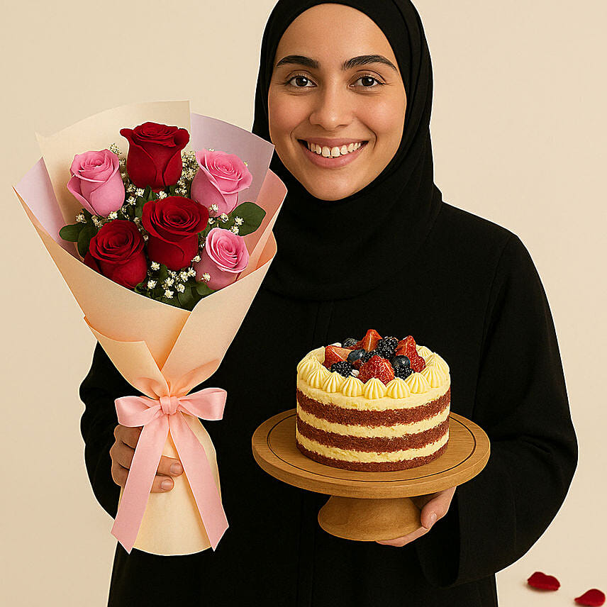 Pink and Red Roses with Red Velvet Cake: Congratulations Flower Bouquet