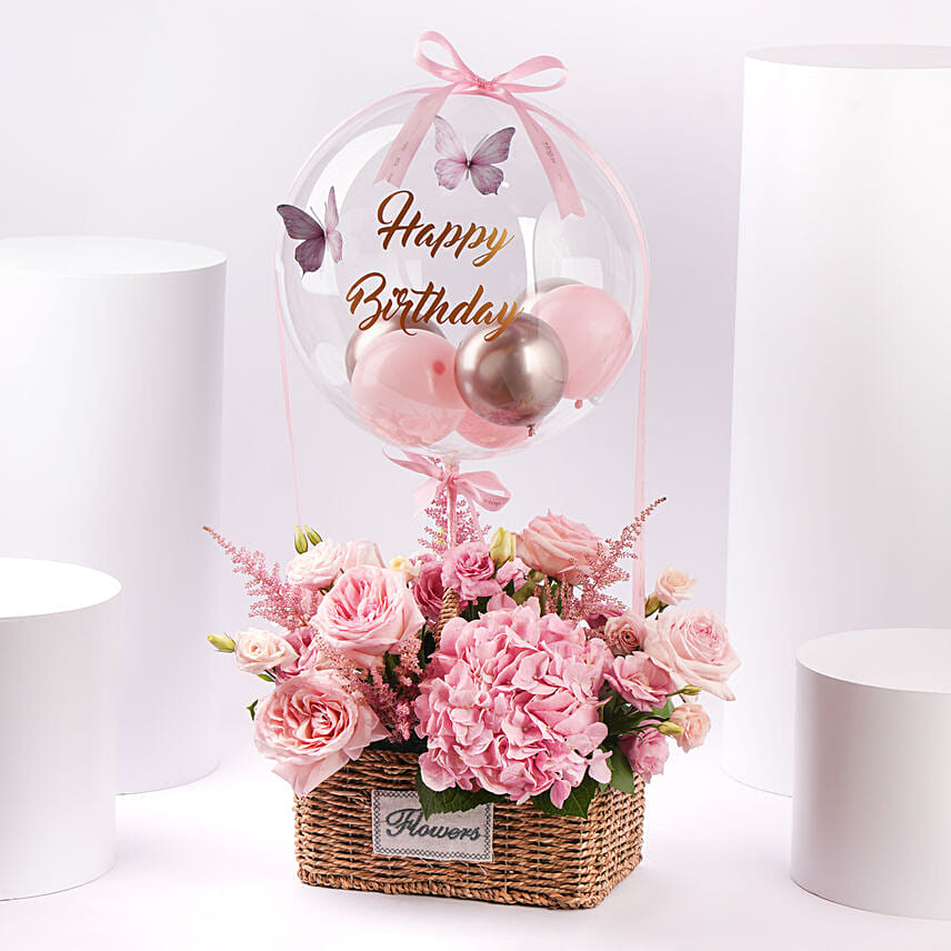 Pink Birthday Flower Basket With Balloon: Flowers