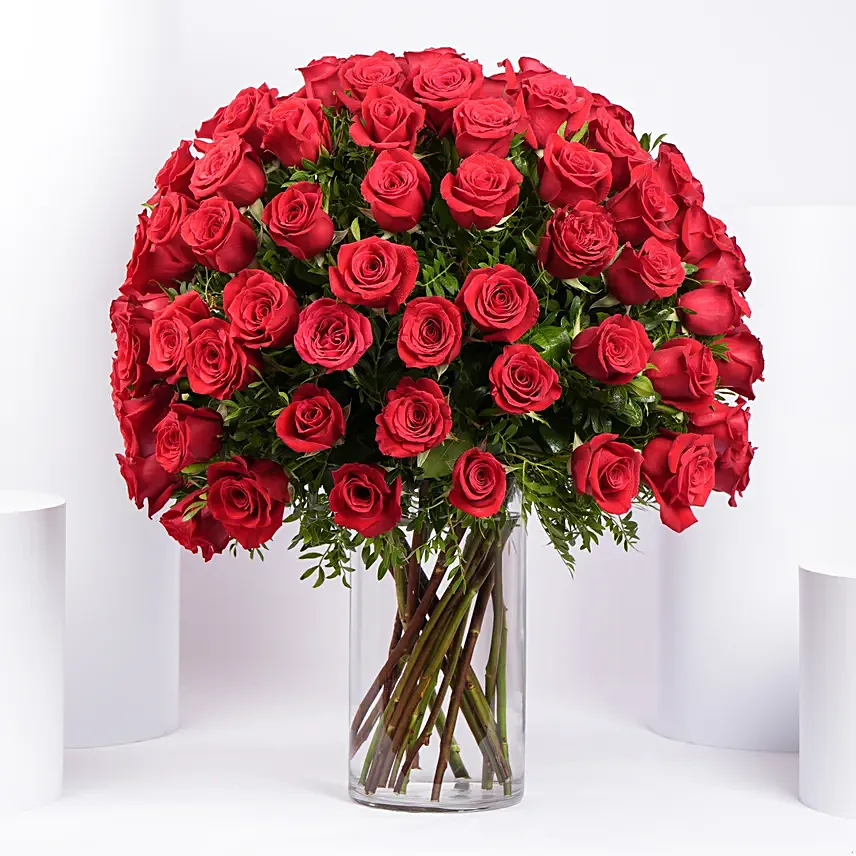 Ravishing 100 Red Roses In Glass Vase: Congratulations Flowers 