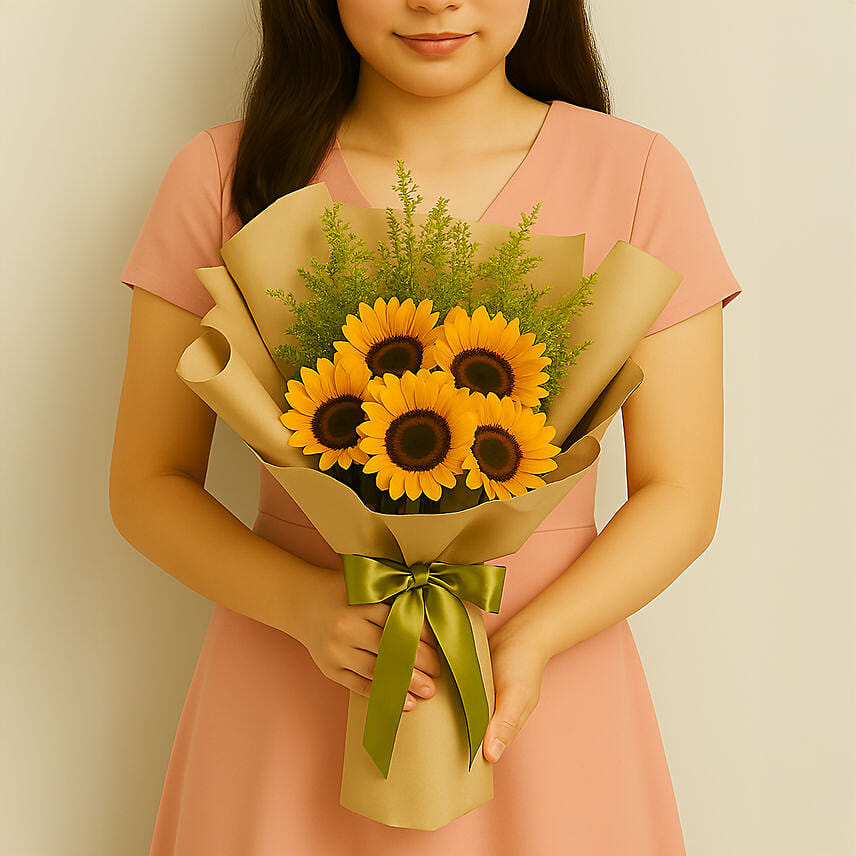 Ravishing Sunflowers Beautifully Tied Bouquet: Flowers