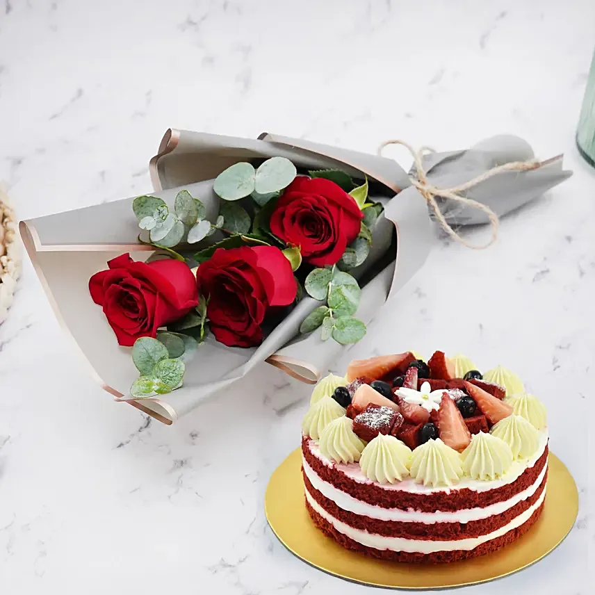 Red Velvet Cake and Fresh Red Roses: Anniversary Flowers and Cakes
