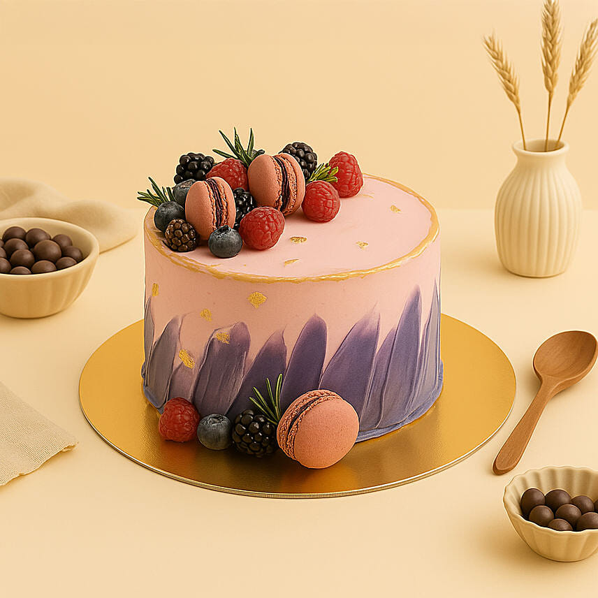 كيك ريد فيلفت مزين بالتوت وماكرون: كيك أونلاين