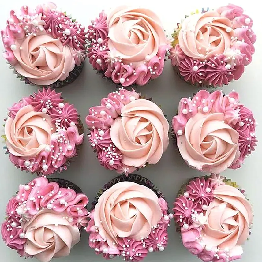 Rosy Delight Designer Vanilla Cupcakes Set Of 6: Gifts for Wife