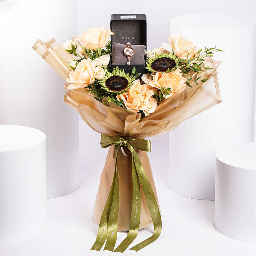 بوكيه ورد و ساعة يد تيتان راغا نسائية: هدايا ساعات يد 