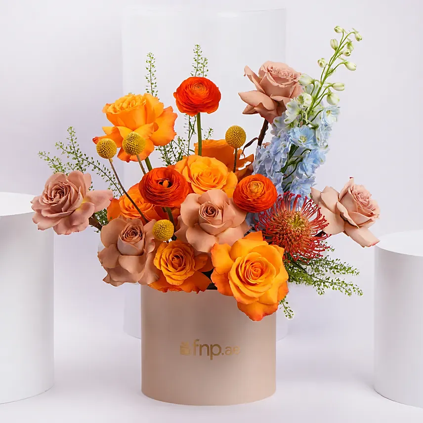 Sunset Ranunculus And Rose Floral Box Gift: Premium Flowers