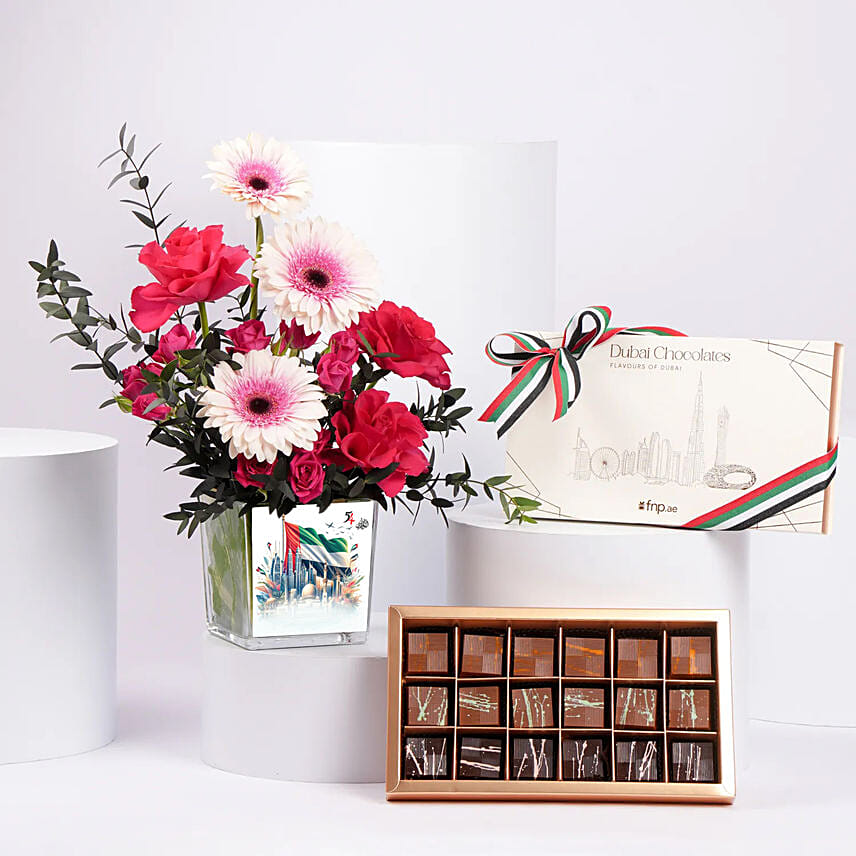 Luxury Emirati Womens Day Flower Arrangement And Dubai Chocolate: Emirati Women's Day Gifts