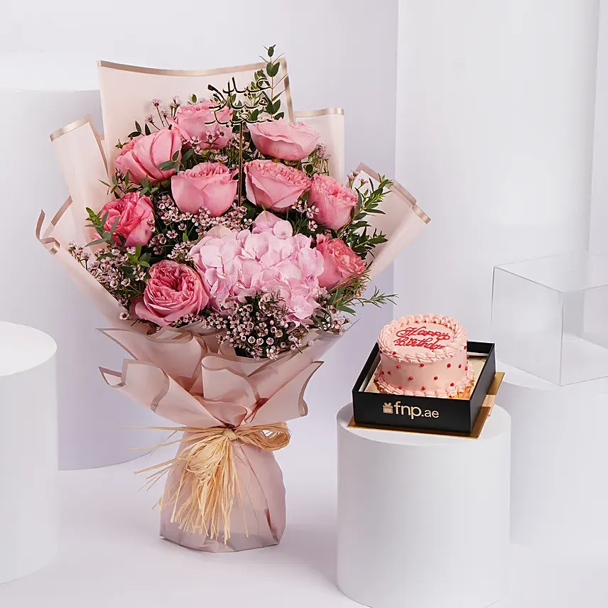 Sweet Pink Roses with Red Velvet Cake: Birthday Flowers & Cakes