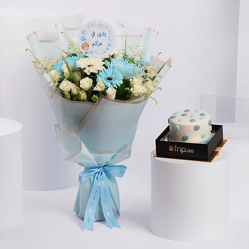Blue Serenity Blooms with Chocolate Cake: Birthday Flowers & Cakes