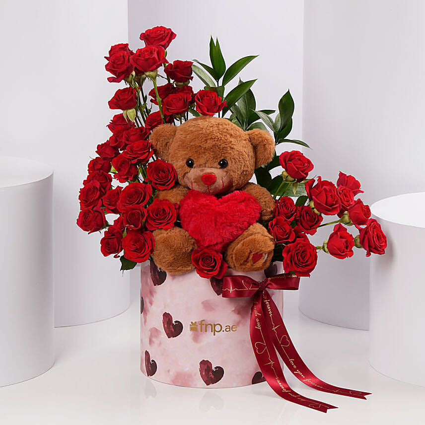Valentines Red Rose Floral Box with Teddy Bear: Teddy Day Gifts