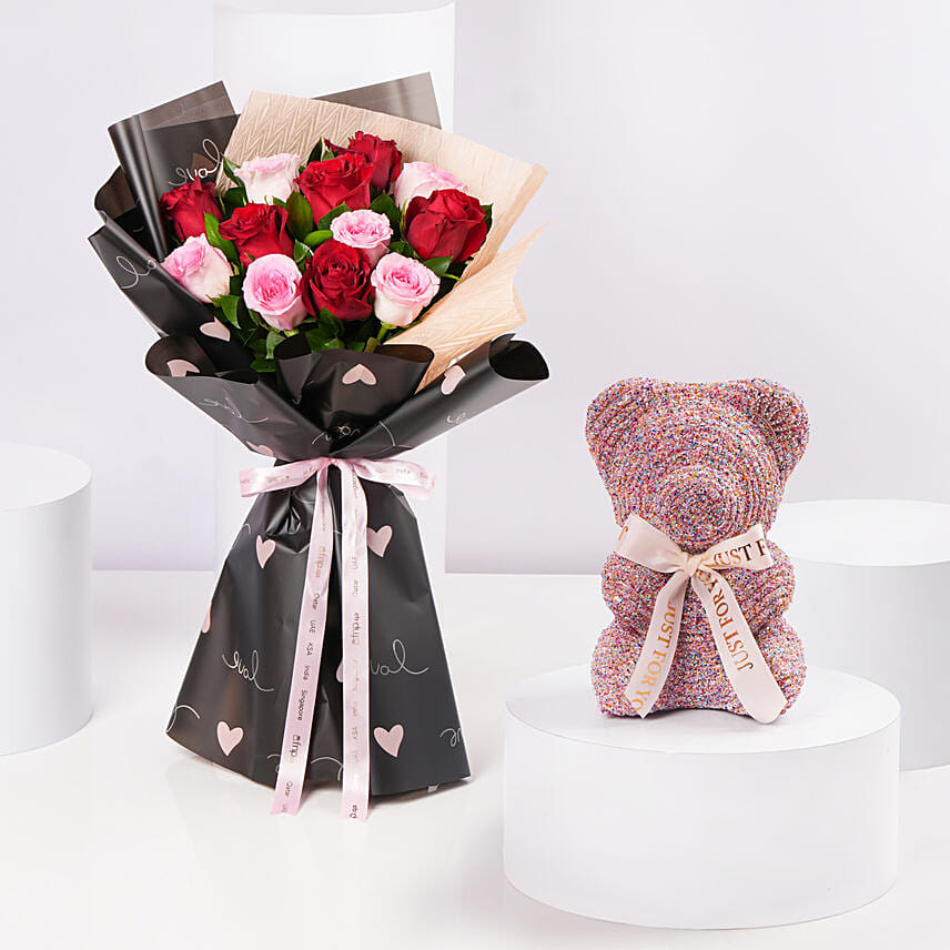 Order Valentines Rose Bouquet With Glitter Teddy Online | Same-Day ...