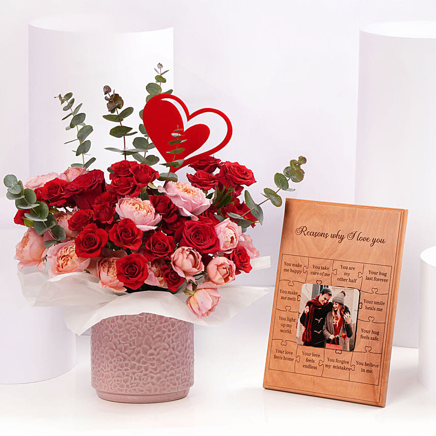 Red Roses With Personalised Photo Frame: Promise Day Gifts