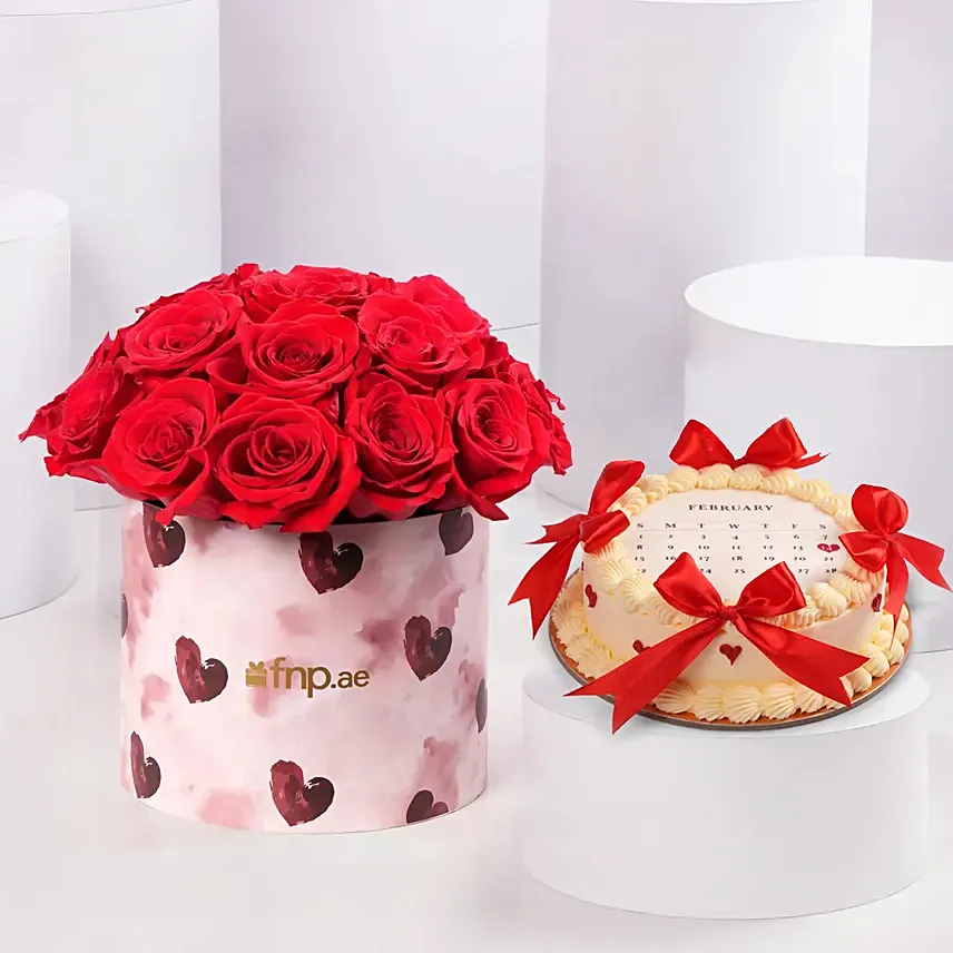 Romantic Red Roses Arrangement With Cake: Valentine's Day Flowers