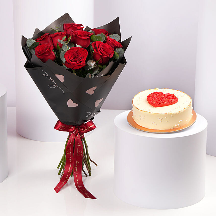 Elegant Red Rose And Red Velvet Cake: Valentines Day Flowers