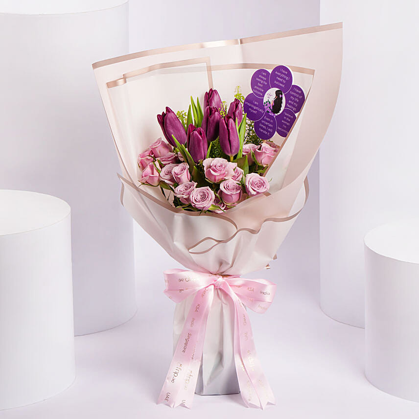 Womens Day Tulips And Pink Roses Bouquet: Women's Day Gifts