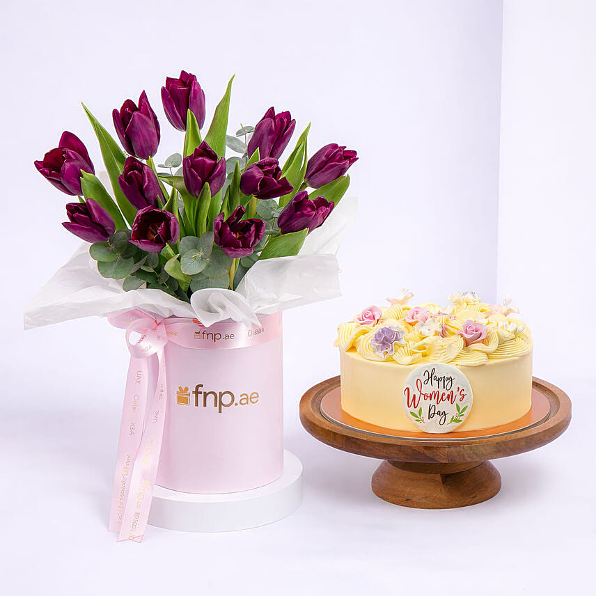 Womens Day Cake And Tulips Arrangement Combo: Women's Day Cakes