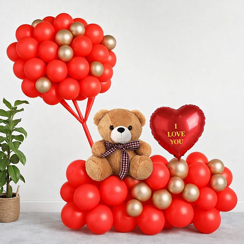 I Love You Balloon Arrangement With Teddy Red: Teddy Day Gifts