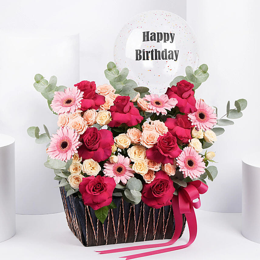Birthday Balloon & Flower Basket: Birthday Flowers to Sharjah