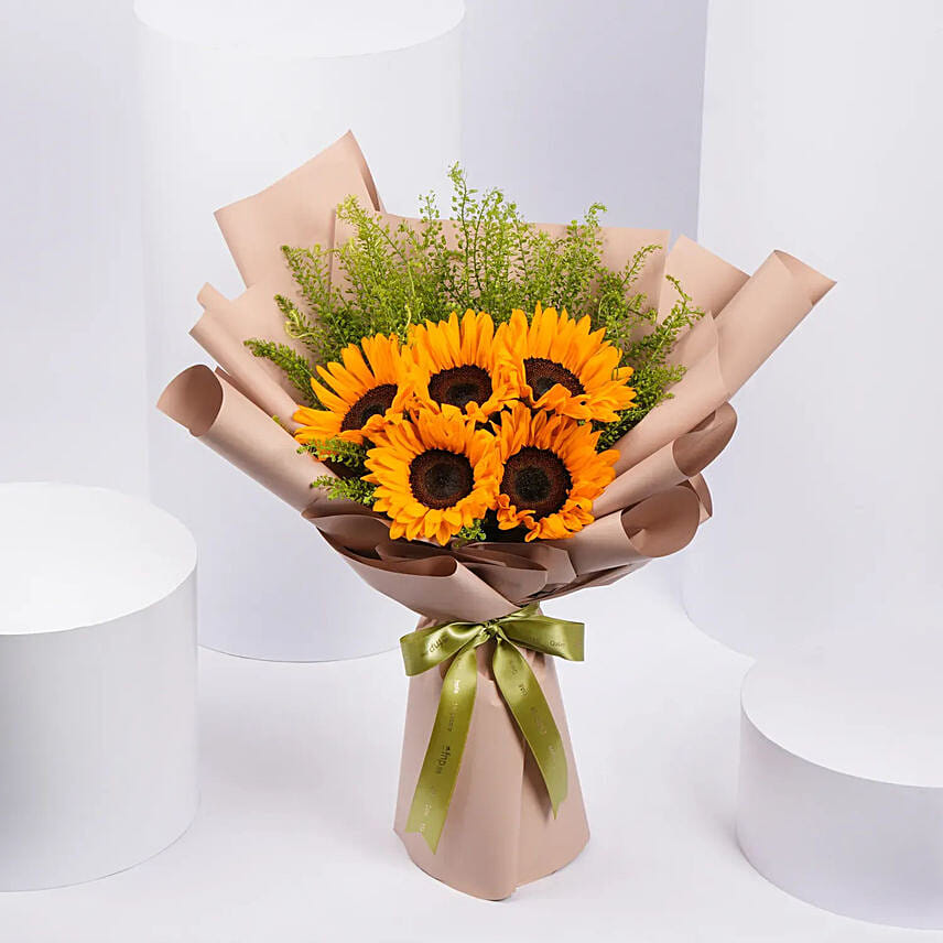Ravishing Sunflowers Beautifully Tied Bouquet: Flowers