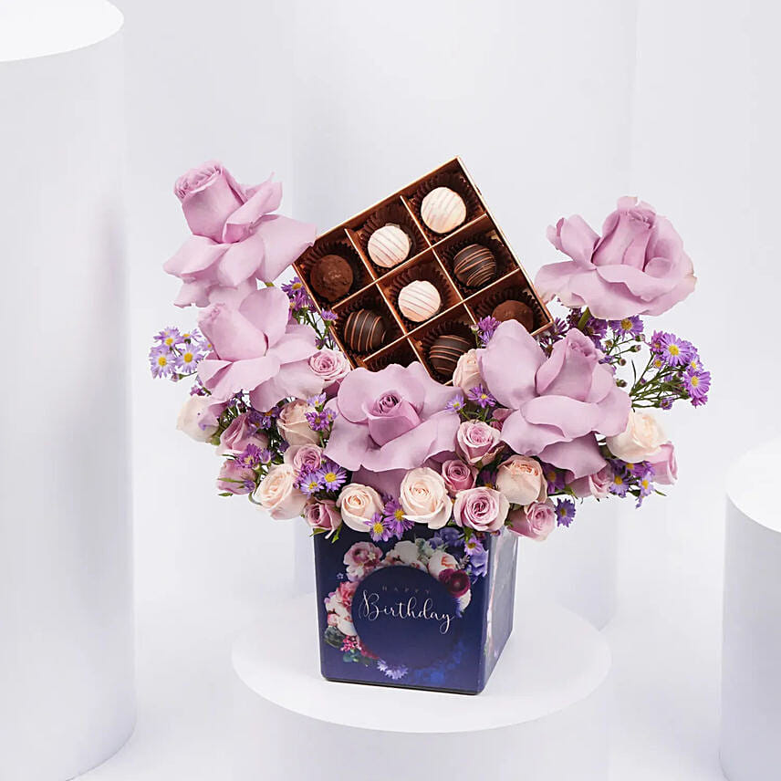 Birthday flowers with Premium Belgian Chocolates: Purple Rose Bouquets