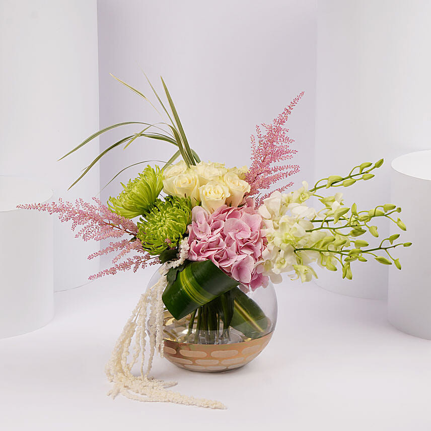 Serene Bloom Arrangement in Glass Vase: New Arrival Flowers