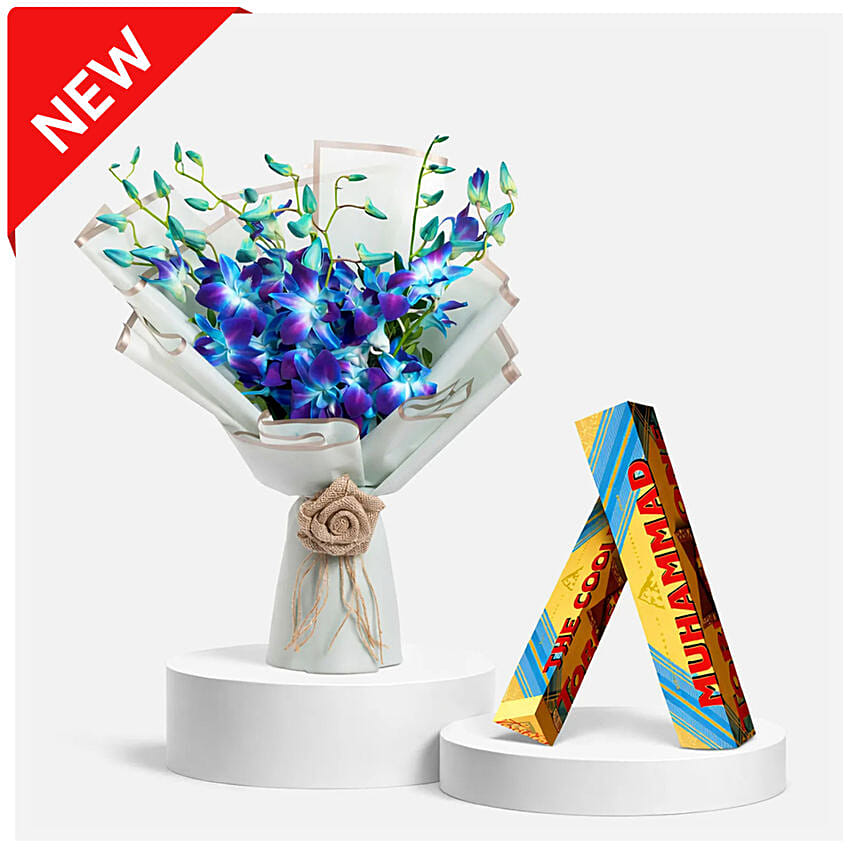 Blue Orchids Bouquet With Toblerone Chocolates: Customized Chocolate Box