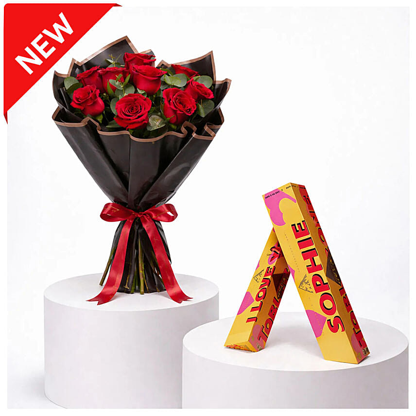 Romantic 9 Red Roses Classic Bouquet With Toblerone Chocolates: Customized Chocolate Box