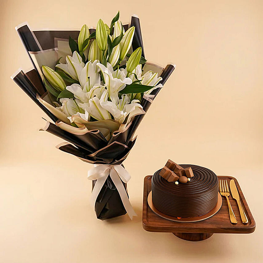 White Lily Bouquet And Cake Combo: Graduation Gifts