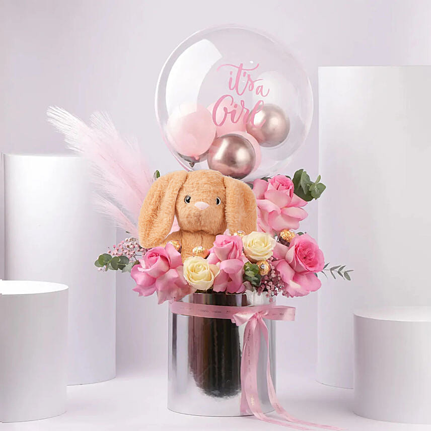 New Born Girl Bloom Hug Box: Flowers and Balloons