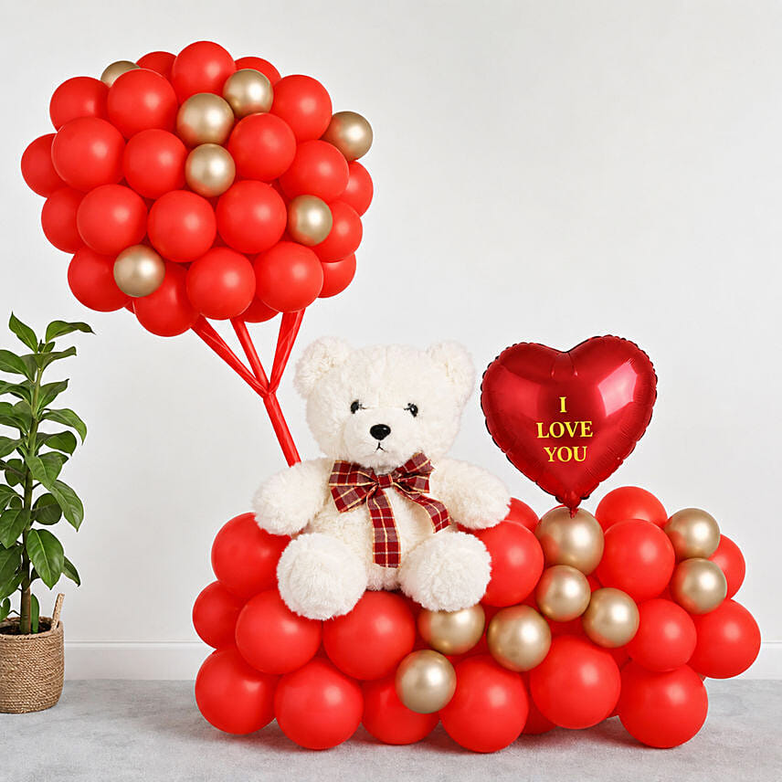 I Love You Balloon Arrangement With Teddy Red: Teddy Day Gifts