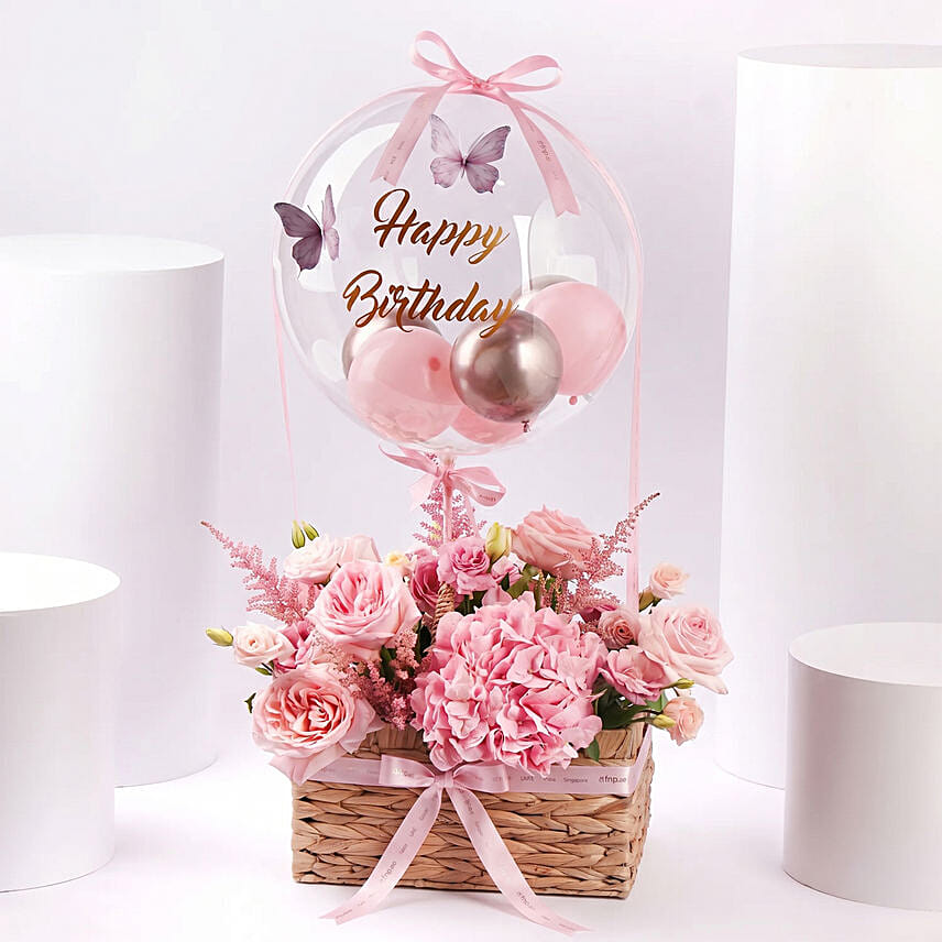 Pink Birthday Flower Basket With Balloon: 