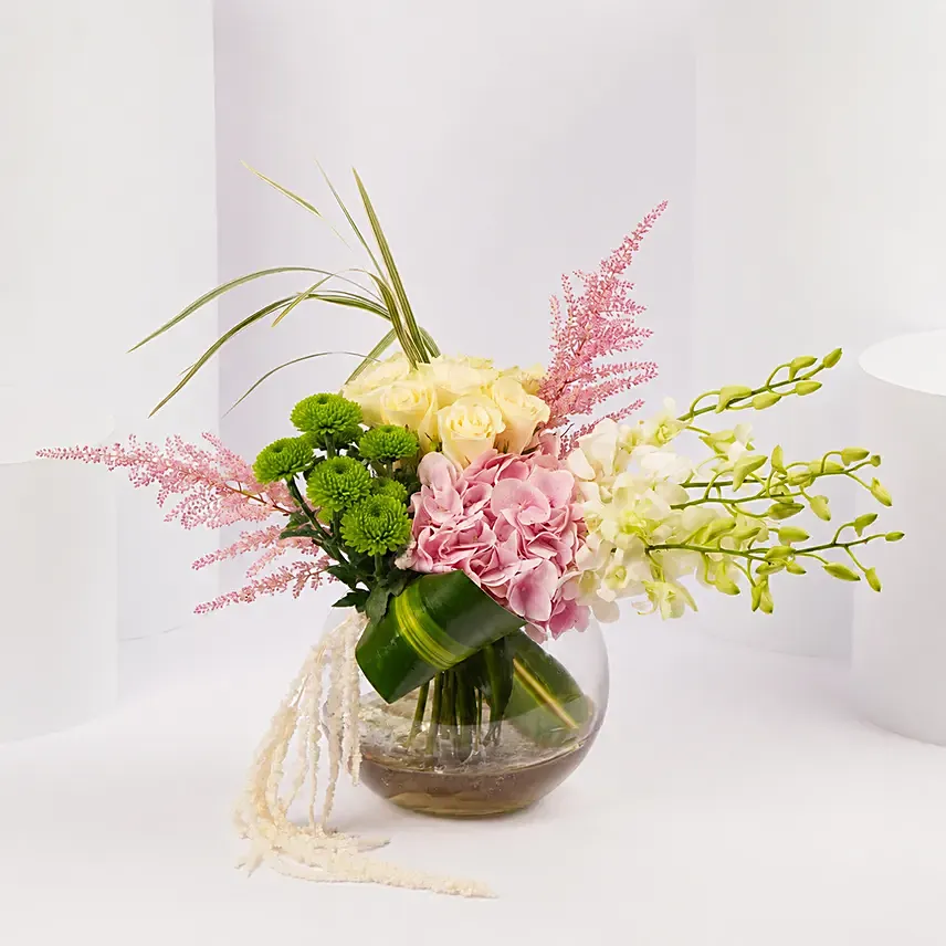 Serene Bloom Arrangement in Glass Vase: New Arrival Flowers