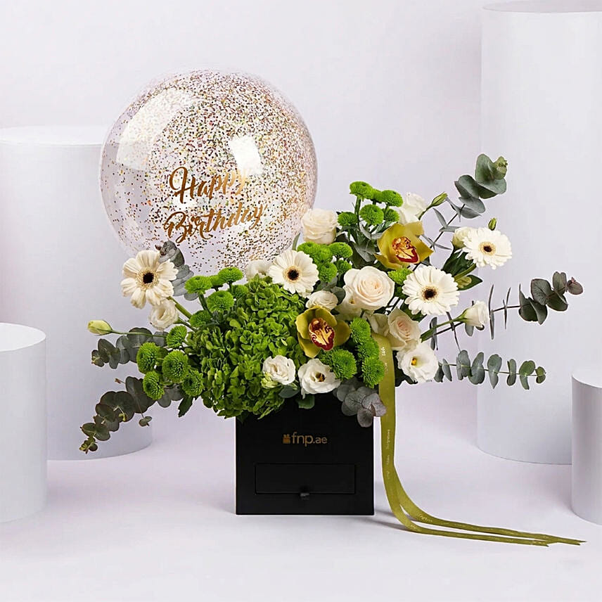 Happy Birthday Floral Box with Balloon: Flower Boxes