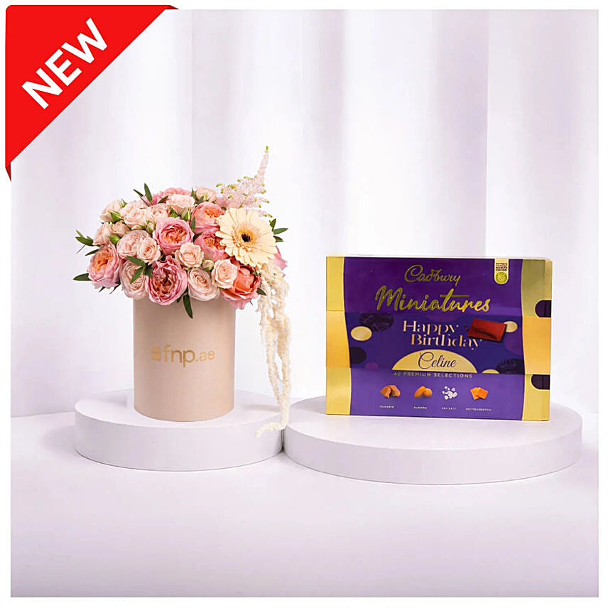 Peach And Pink Roses Luxury Flower Box With Cadbury Chocolates 200g: 