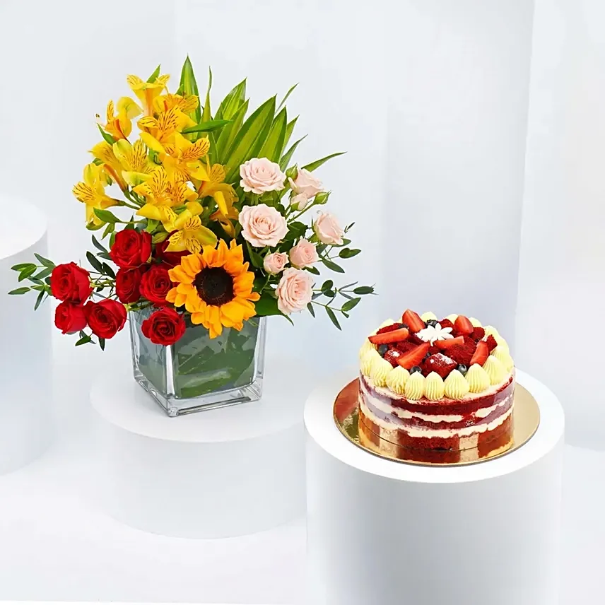 Red Velvet Cake and with Mix Flowers: Gift Set 