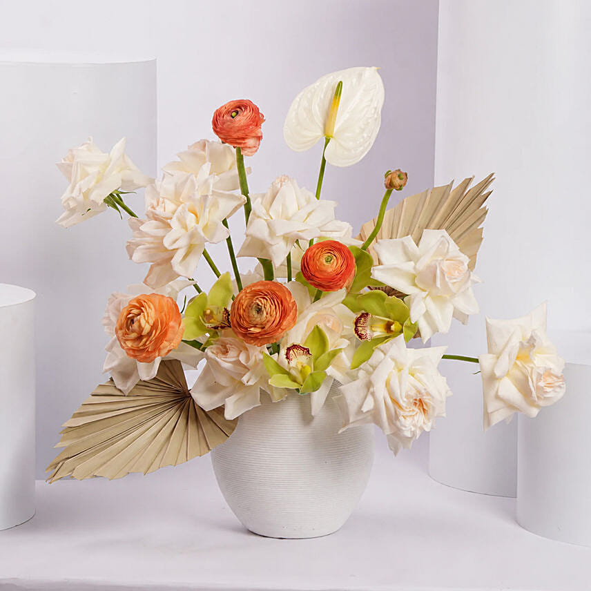 Sunset Serenity White and Orange Flower Arrangement in Vase: 