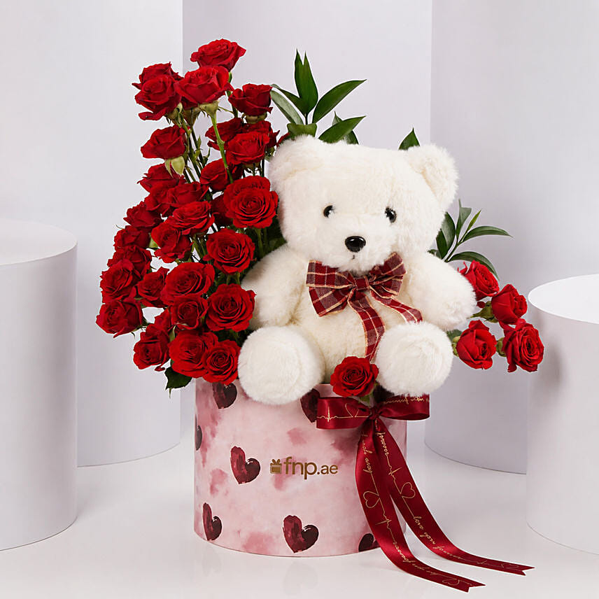 Valentines Red Rose Floral Box with Teddy Bear: Valentine's Day Gifts