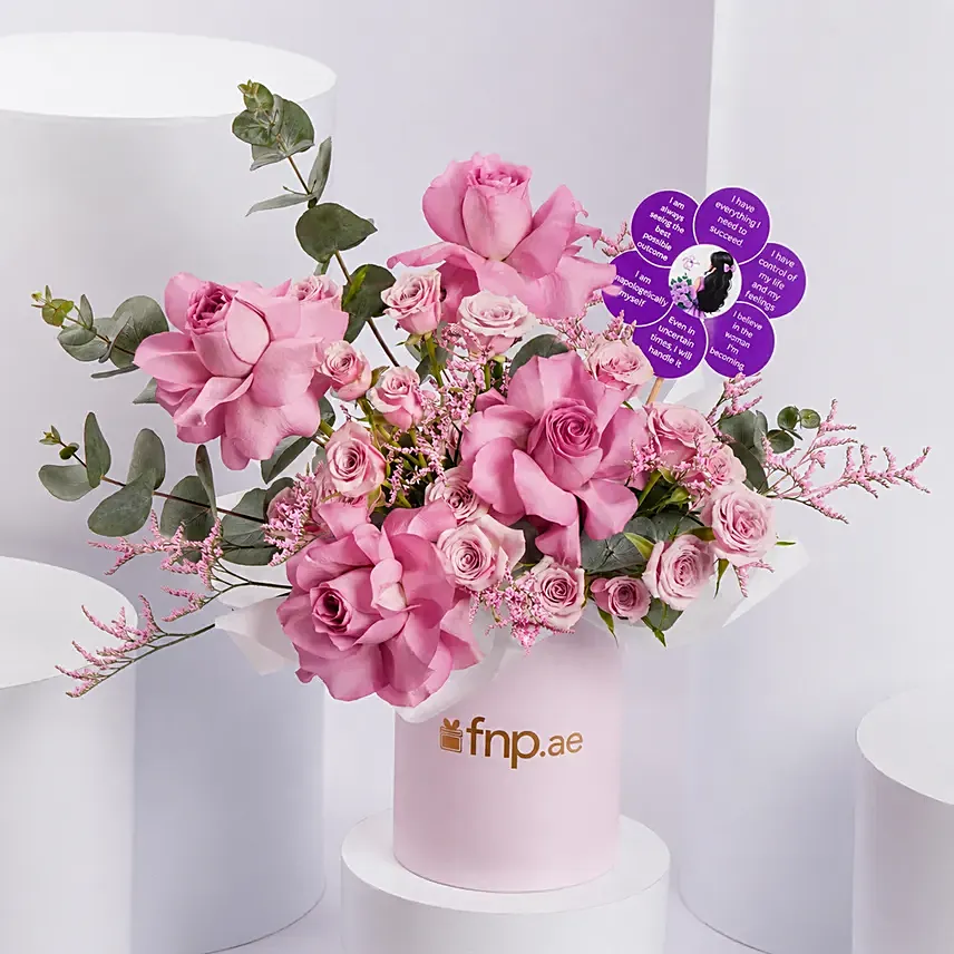 Premium Purple Rose Arrangement With Affirmation Topper: Women's Day Flowers