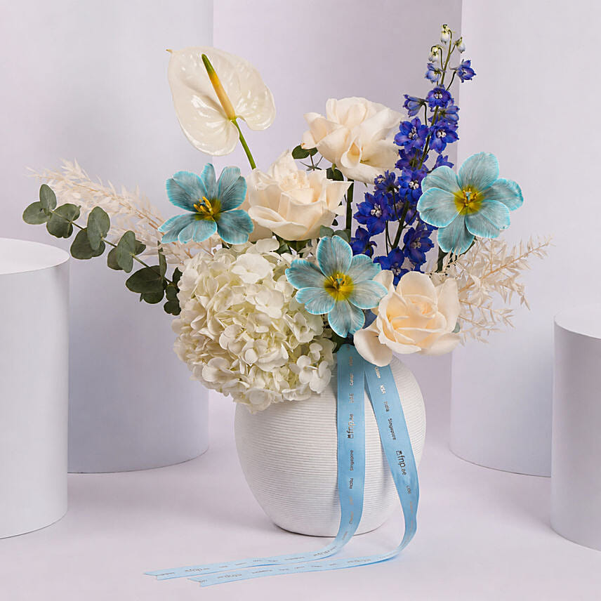Elegant Blue and White Flower Arrangement in Ceramic Vase: Thank You Flowers