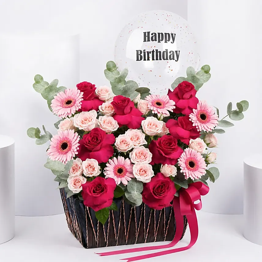 Birthday Balloon & Flower Basket: 