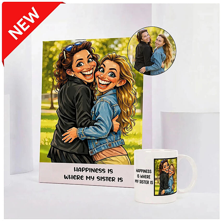 Happiness Is Where My Sister Is Frame Caricature And Mug Set: Anniversary Mugs